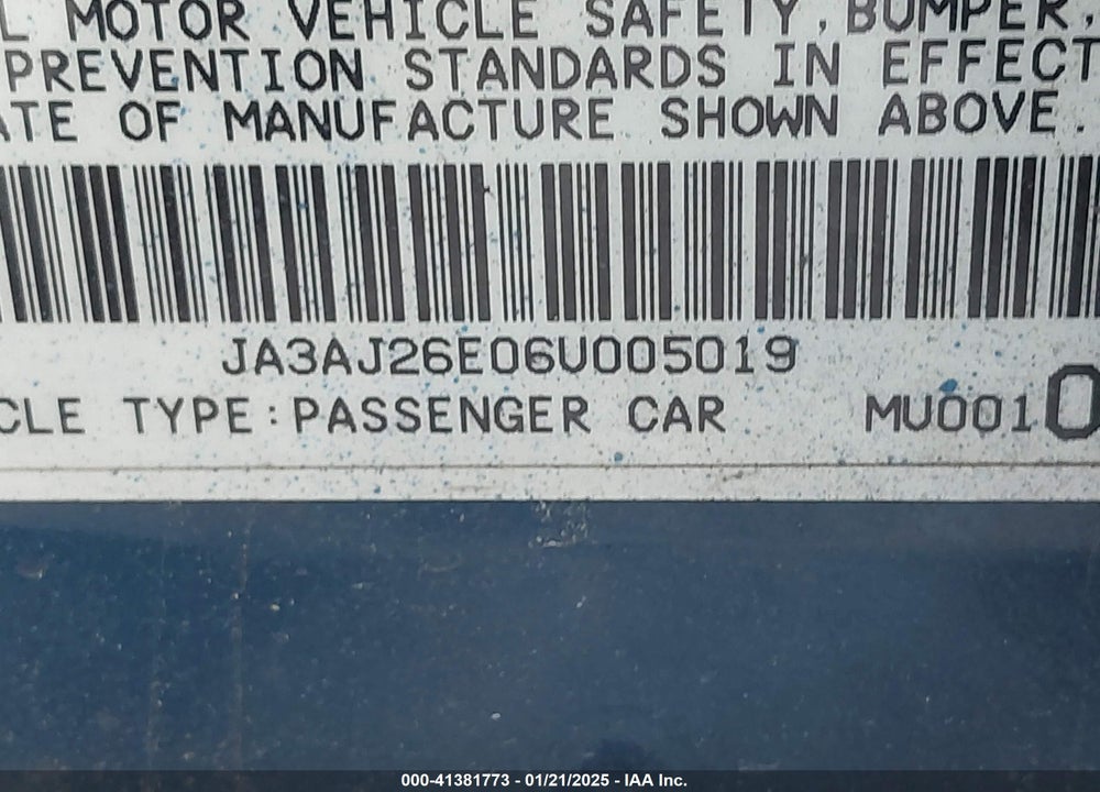 2006 MITSUBISHI LANCER VIN: JA3AJ26E06U005019