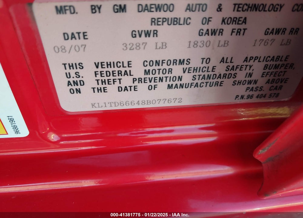 2008 CHEVROLET AVEO 5 LS VIN: KL1TD66648B077672