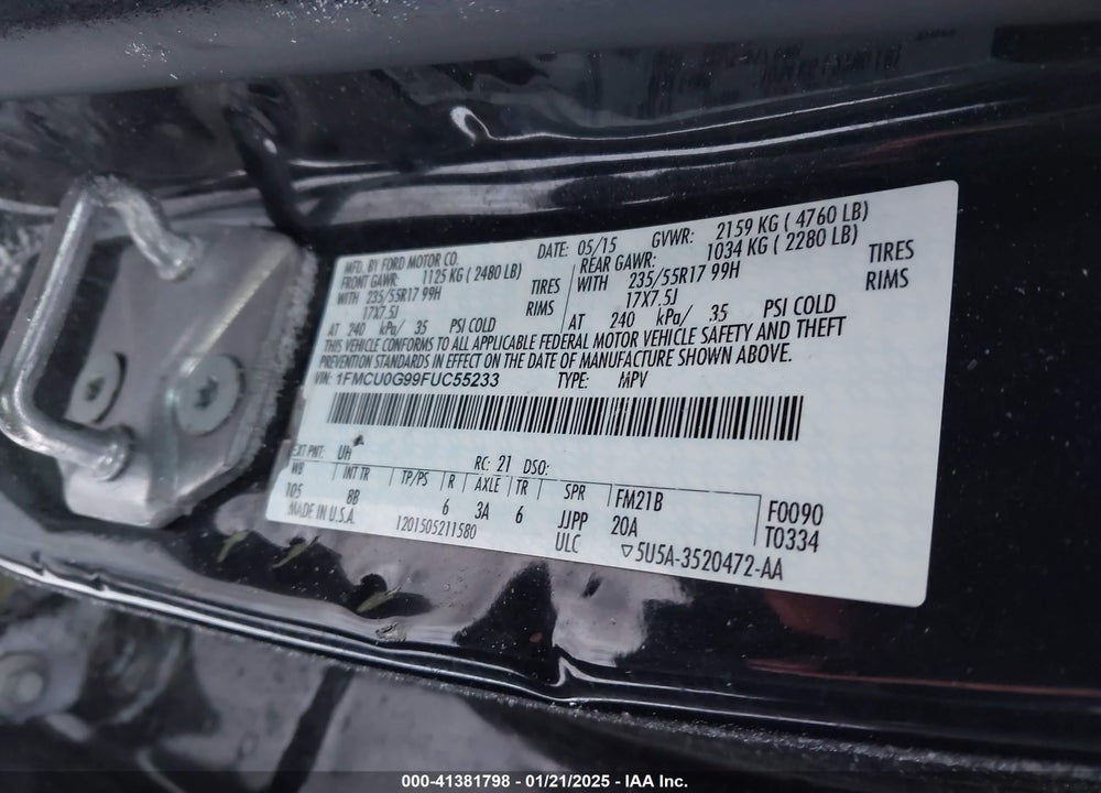 2015 FORD ESCAPE SE VIN: 1FMCU0G99FUC55233