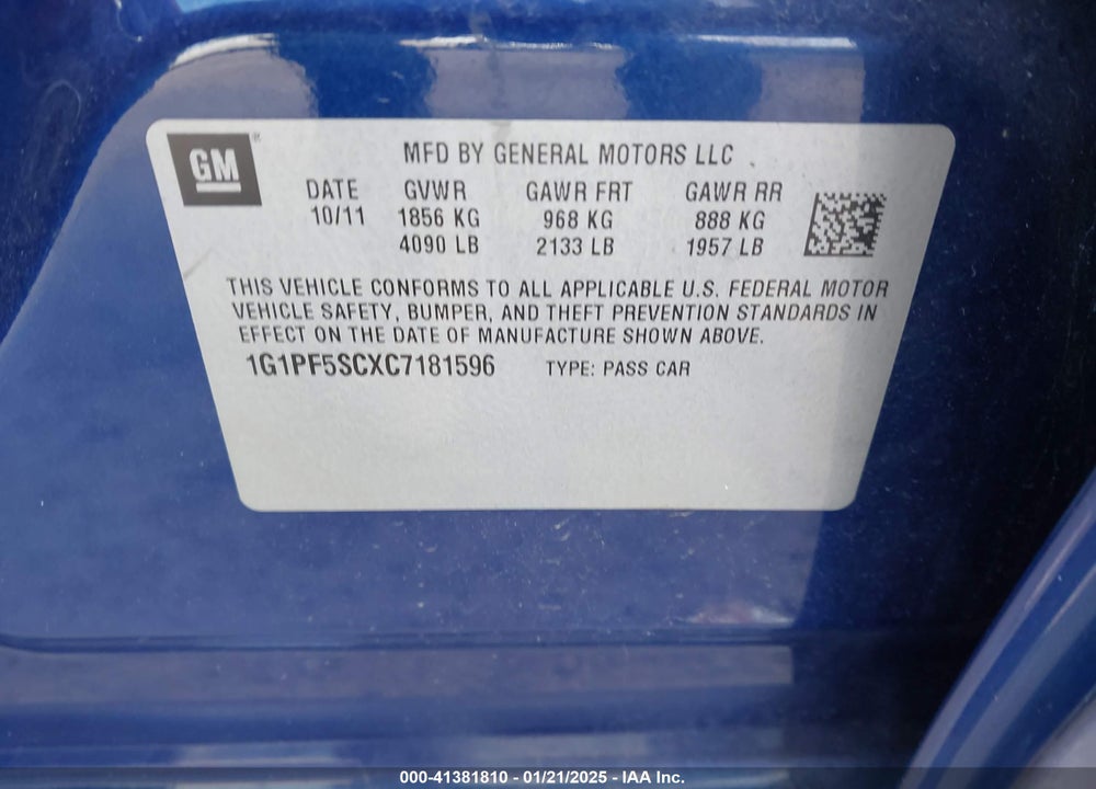 2012 CHEVROLET CRUZE 1LT VIN: 1G1PF5SCXC7181596