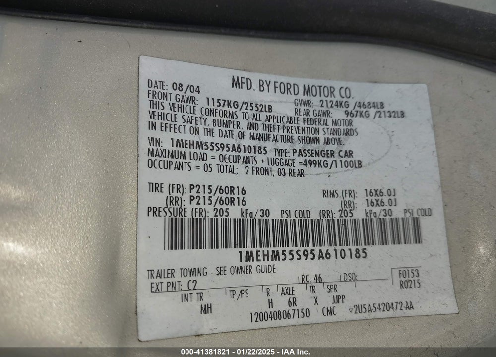 2005 MERCURY SABLE LS VIN: 1MEHM55S95A610185