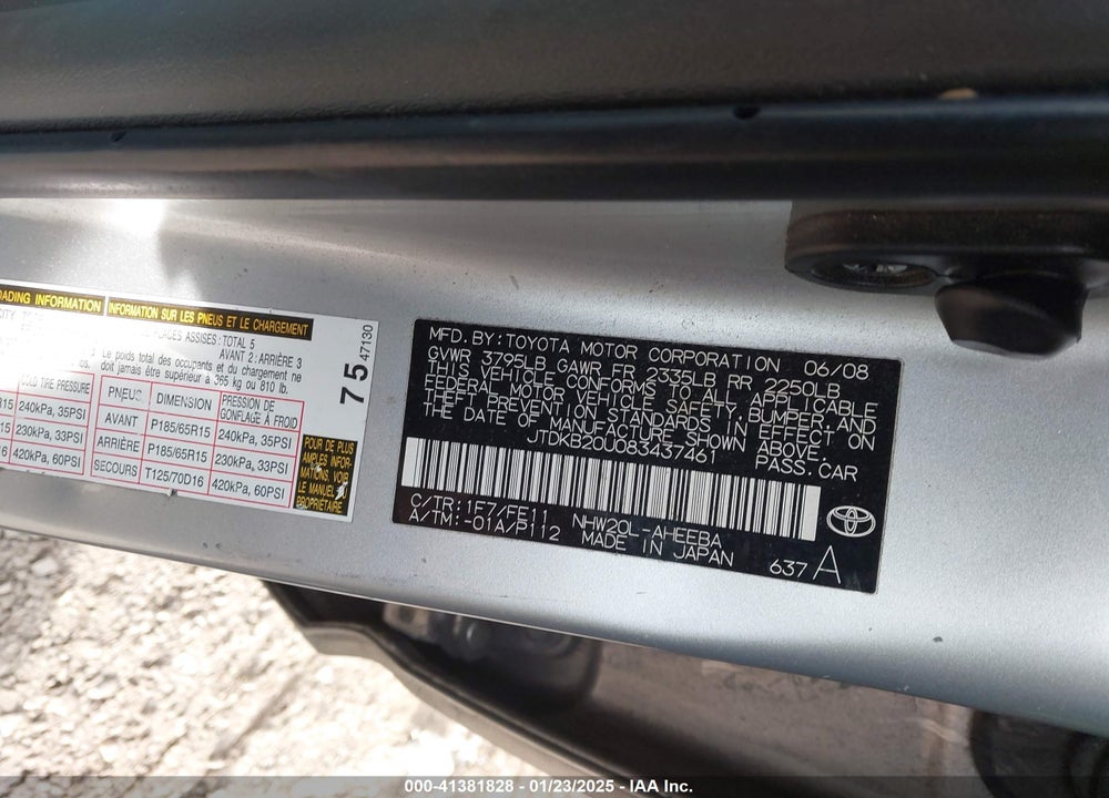 2008 TOYOTA PRIUS VIN: JTDKB20U083437461