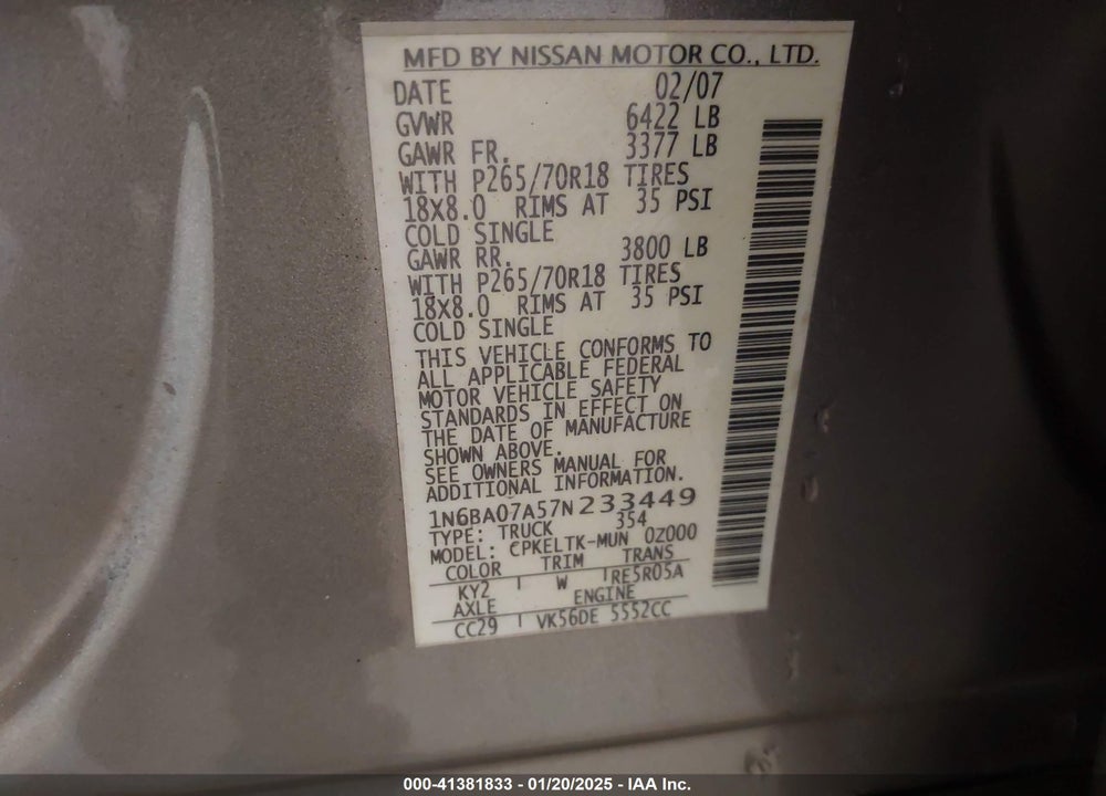 2007 NISSAN TITAN VIN: 1N6BA07A57N233449
