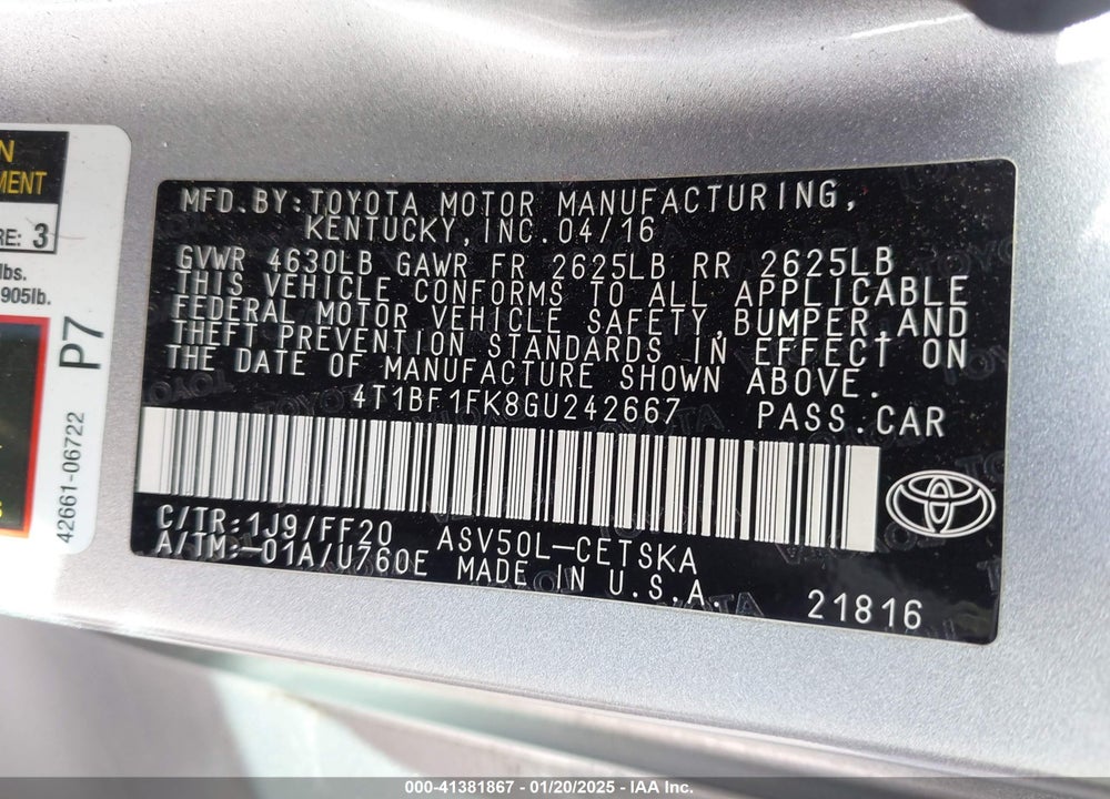 2016 TOYOTA CAMRY VIN: 4T1BF1FK8GU242667