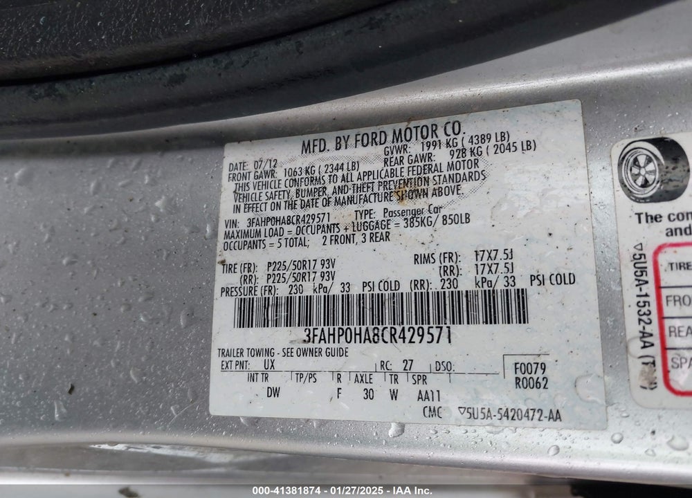2012 FORD FUSION SE VIN: 3FAHP0HA8CR429571