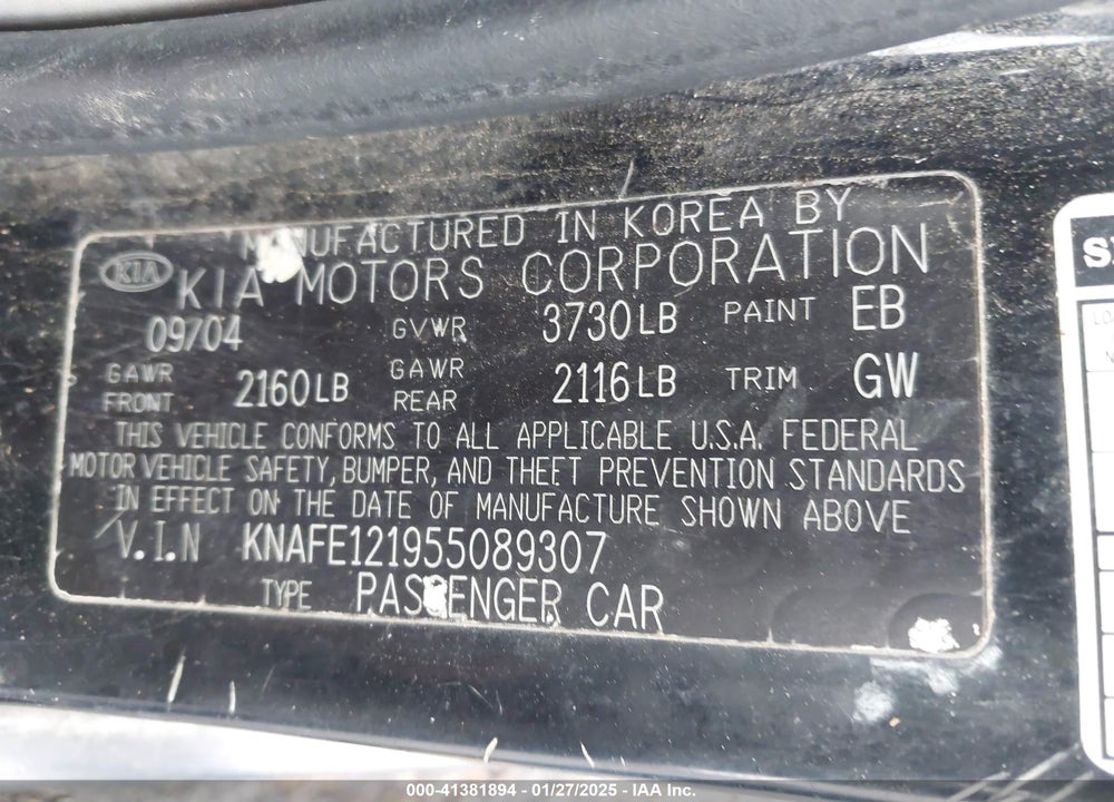 2005 KIA SPECTRA EX/LX/SX VIN: KNAFE121955089307