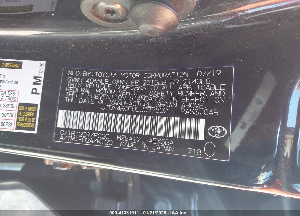 2020 TOYOTA COROLLA VIN: JTDS4RCE0LJ037802