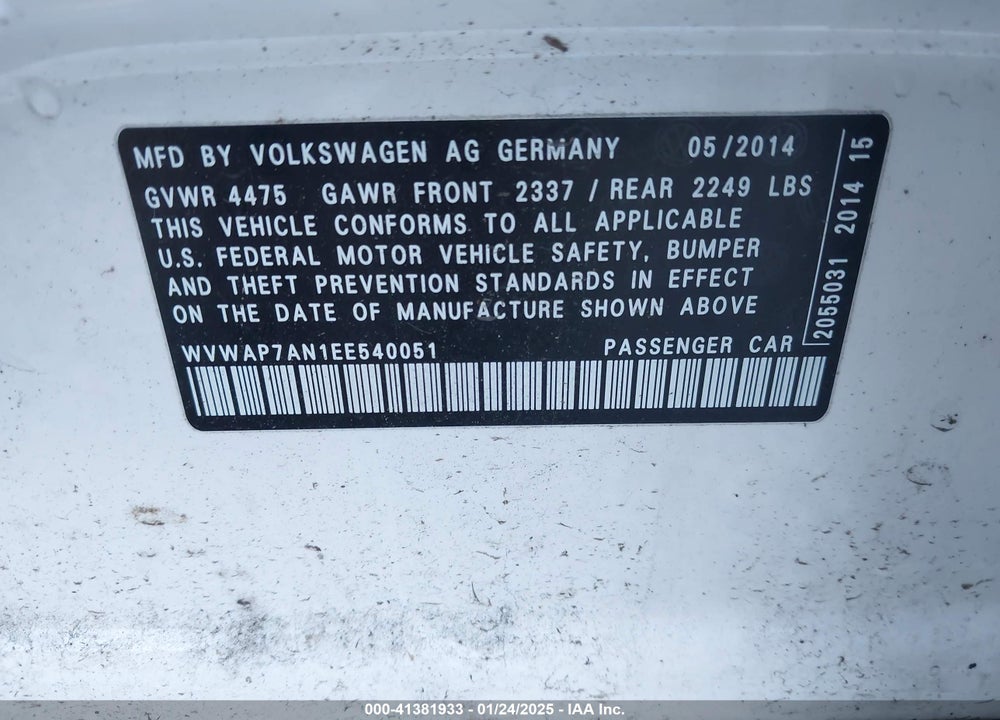 2014 VOLKSWAGEN CC VIN: WVWAP7AN1EE540051