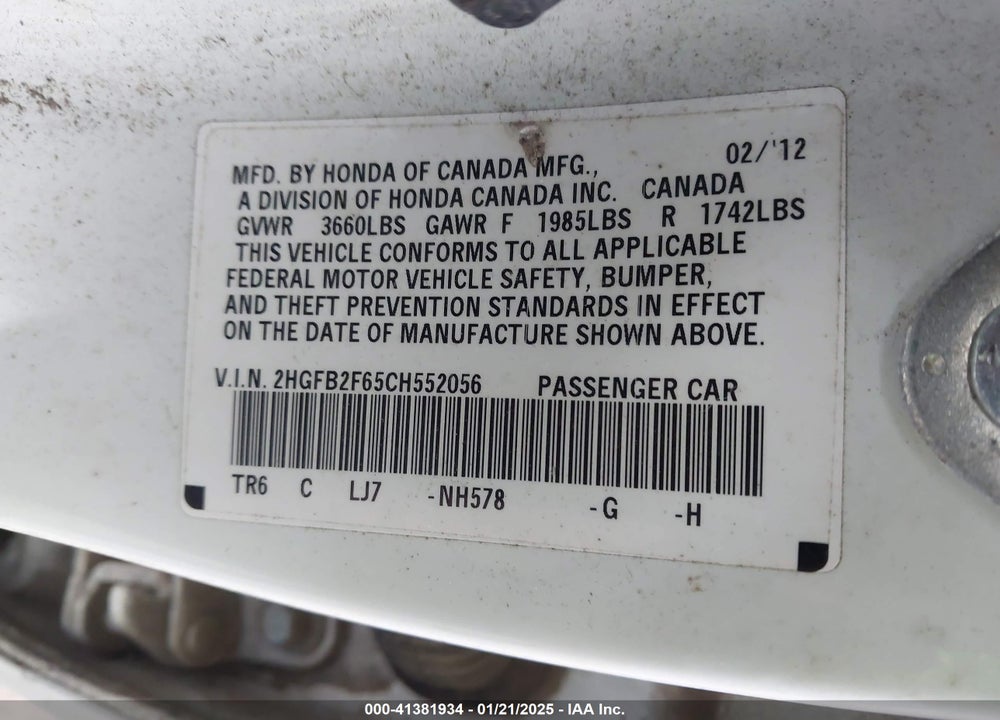 2012 HONDA CIVIC VIN: 2HGFB2F65CH552056