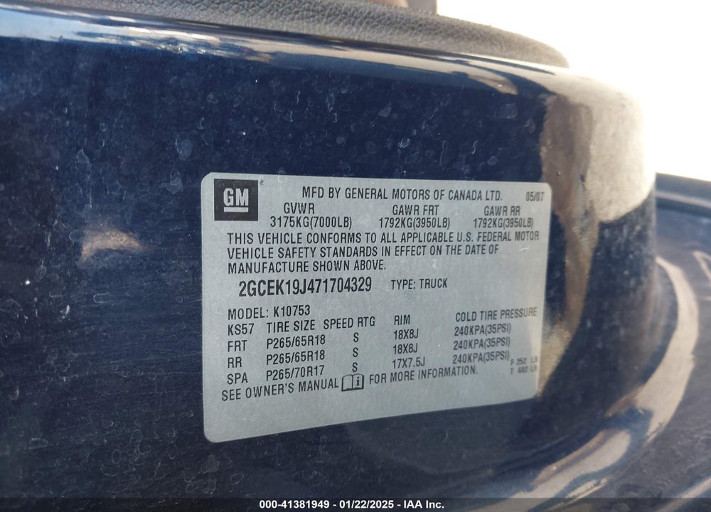 2007 CHEVROLET SILVERADO VIN: 2GCEK19J471704329