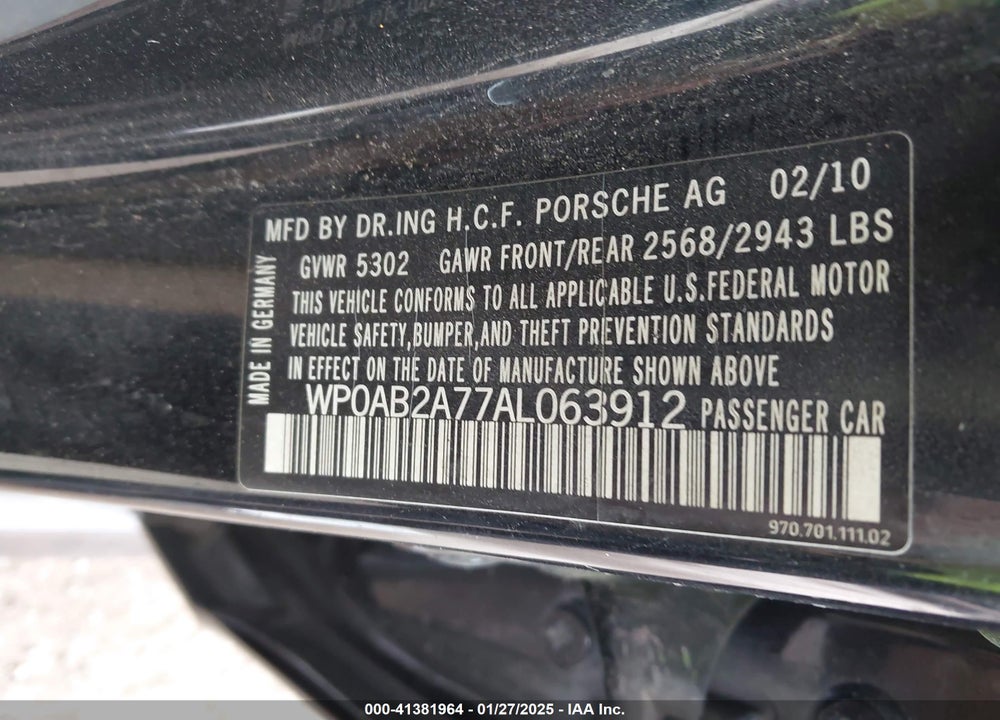 2010 PORSCHE PANAMERA VIN: WP0AB2A77AL063912