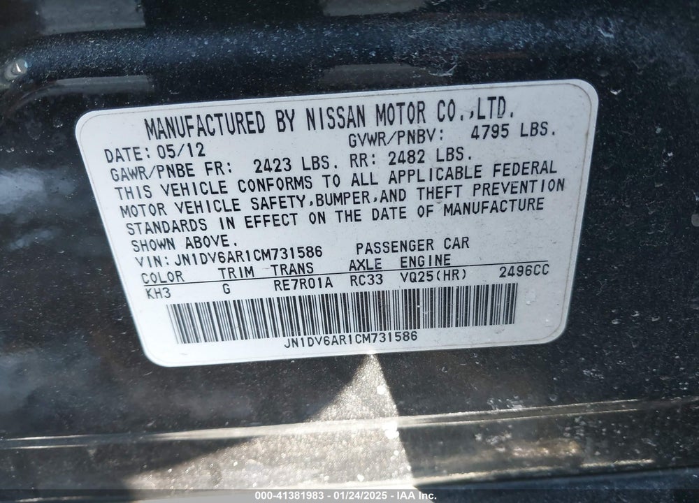 2012 INFINITI G25X VIN: JN1DV6AR1CM731586