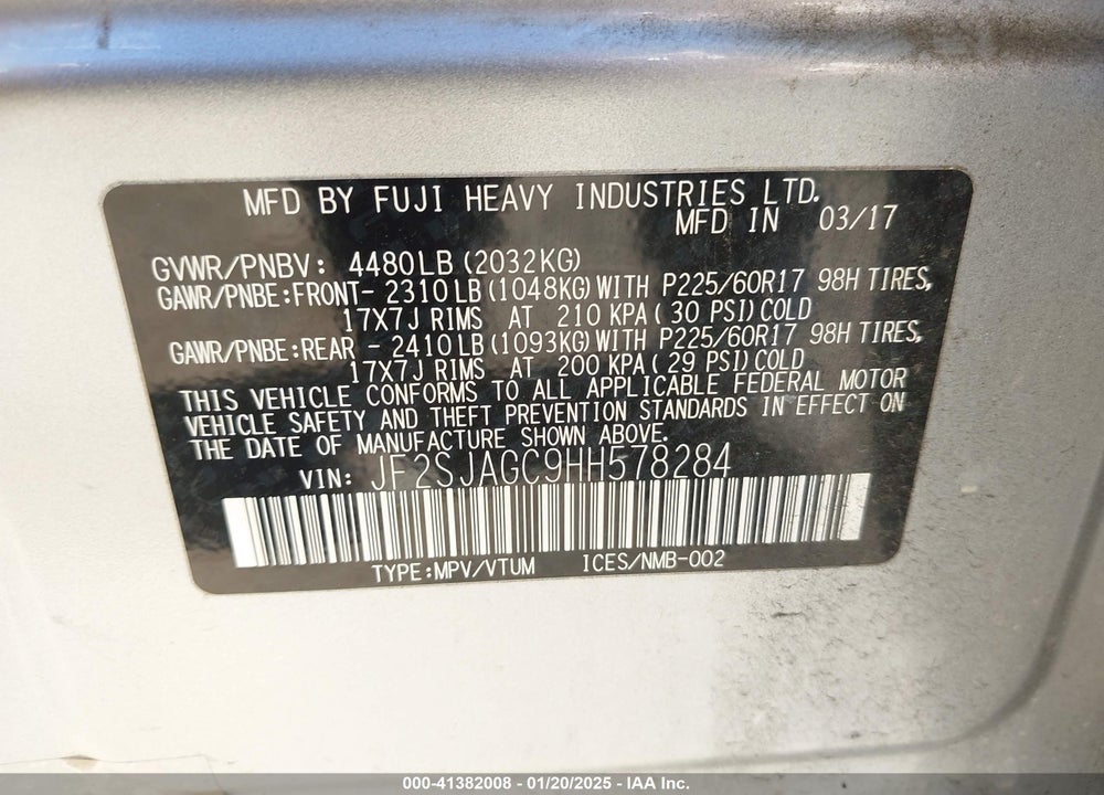 2017 SUBARU FORESTER VIN: JF2SJAGC9HH578284