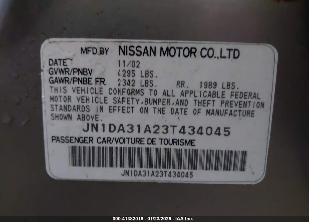2003 NISSAN MAXIMA SE VIN: JN1DA31A23T434045