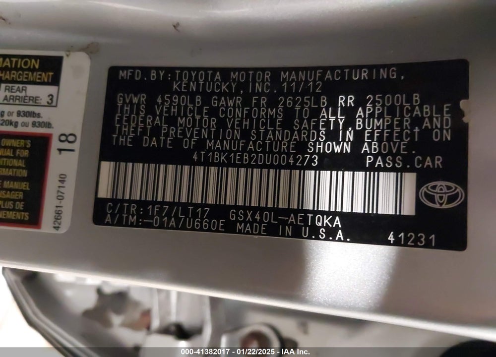 2013 TOYOTA AVALON VIN: 4T1BK1EB2DU004273