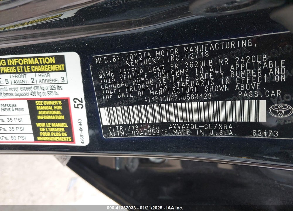 2018 TOYOTA CAMRY VIN: 4T1B11HK2JU583128