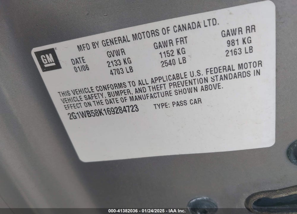 2006 CHEVROLET IMPALA VIN: 2G1WB58K169284723