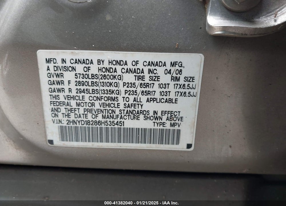 2006 ACURA MDX VIN: 2HNYD18286H535451