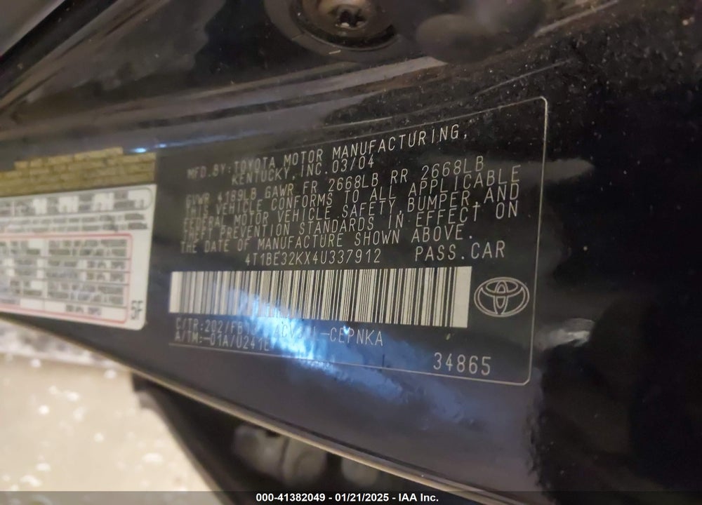 2004 TOYOTA CAMRY LE VIN: 4T1BE32KX4U337912