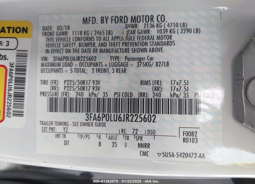 2018 FORD FUSION VIN: 3FA6P0LU6JR225602