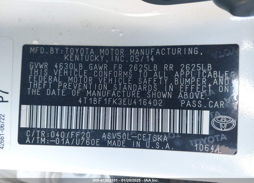 2014 TOYOTA CAMRY VIN: 4T1BF1FK3EU416402