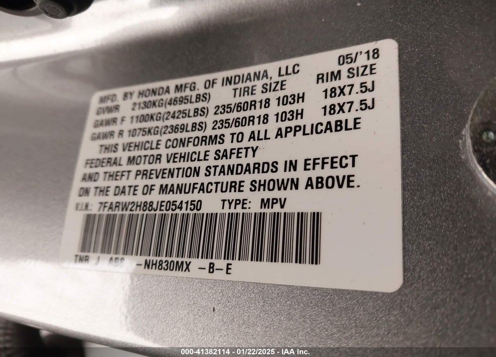 2018 HONDA CR-V EX-L/EX-L NAVI VIN: 7FARW2H88JE054150