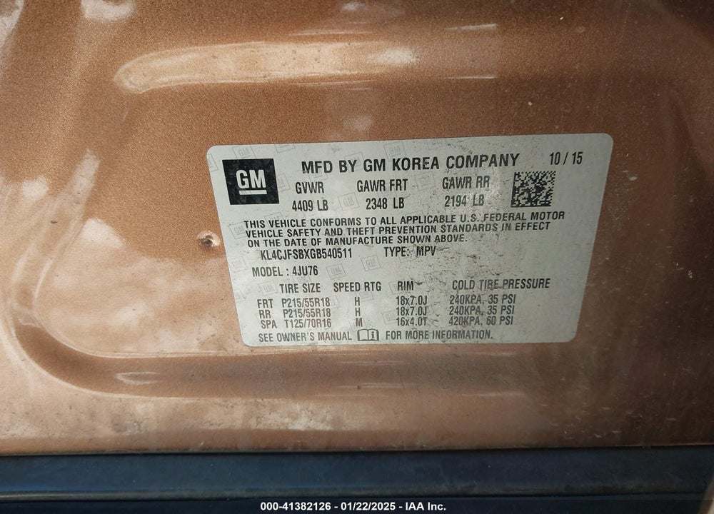 2016 BUICK ENCORE CONVENIENCE VIN: KL4CJFSBXGB540511