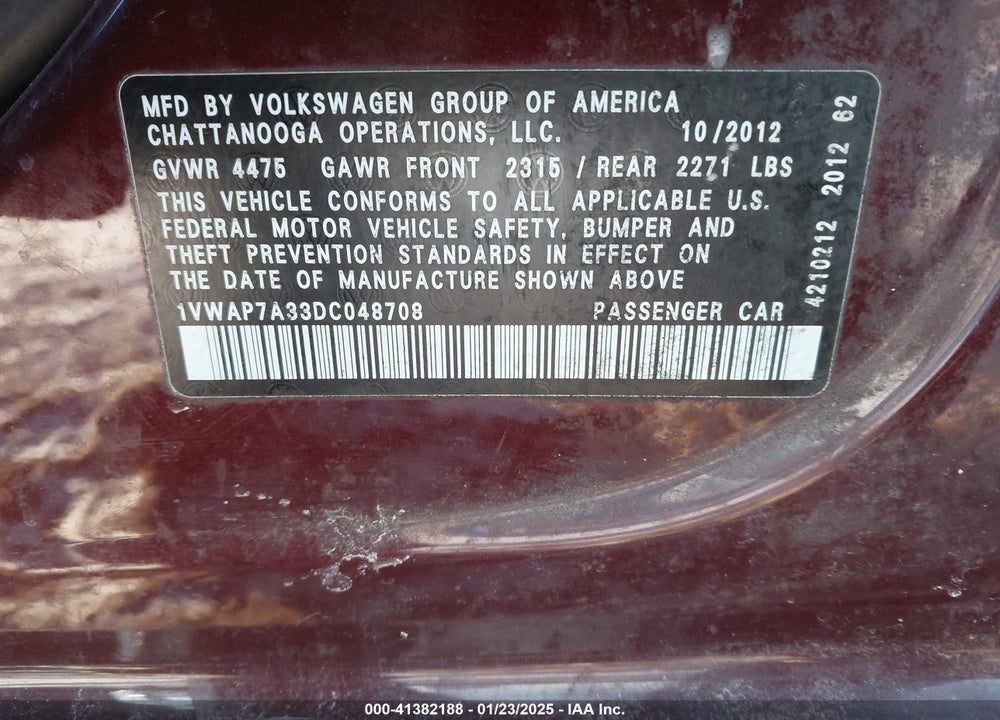 2013 VOLKSWAGEN PASSAT VIN: 1VWAP7A33DC048708