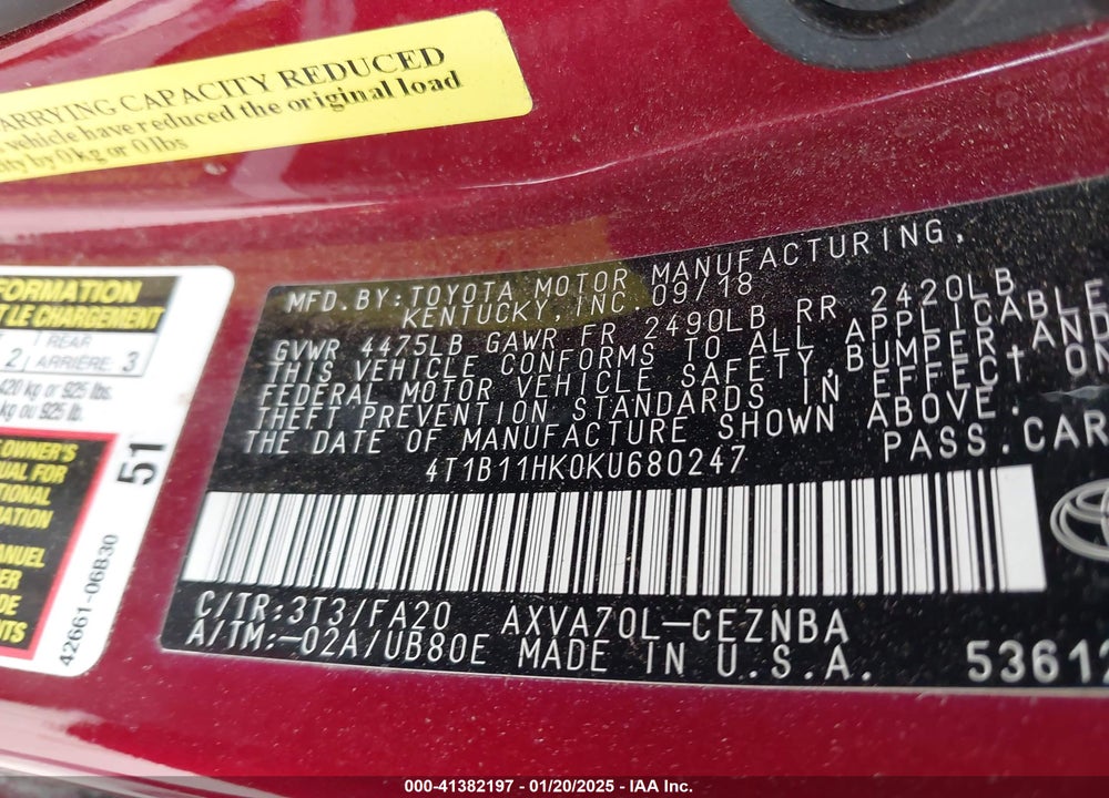 2019 TOYOTA CAMRY VIN: 4T1B11HK0KU680247