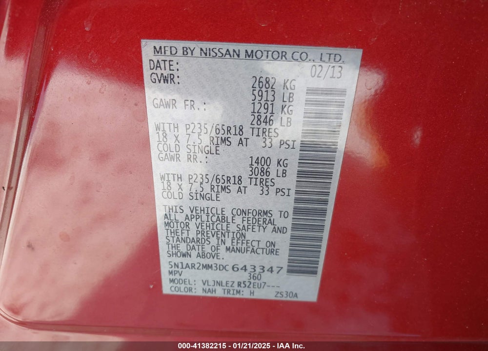 2013 NISSAN PATHFINDER SV VIN: 5N1AR2MM3DC643347