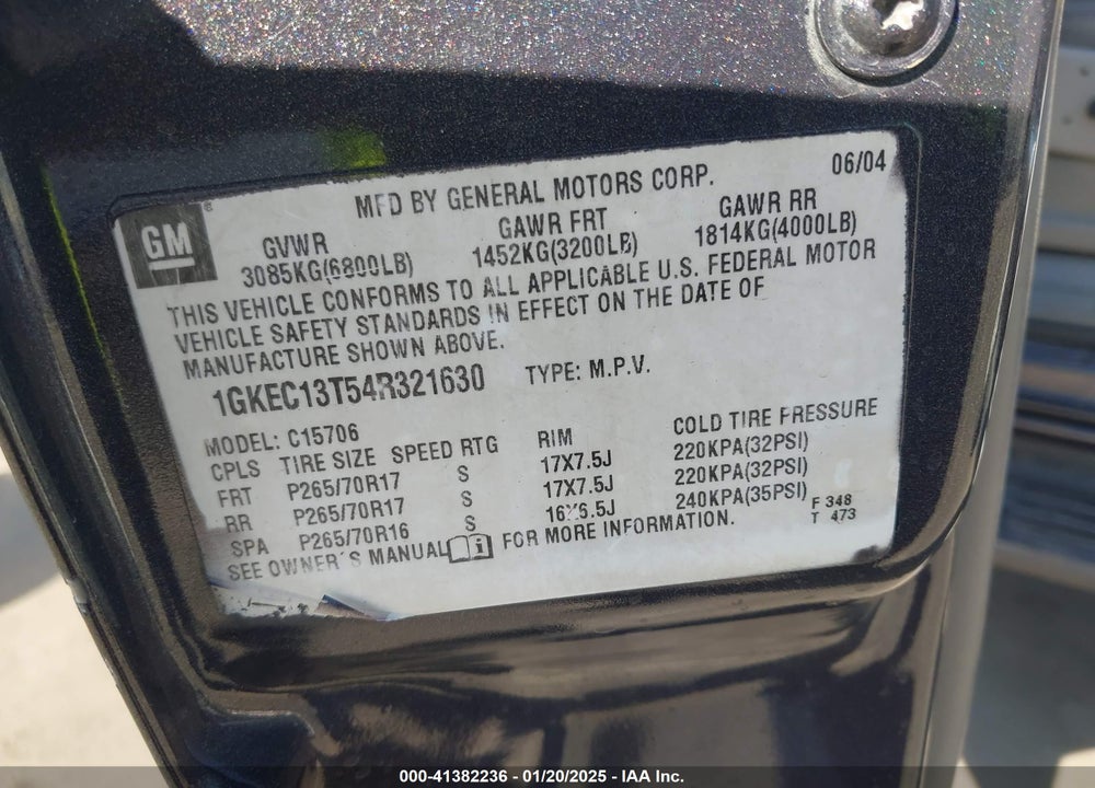 2004 GMC YUKON SLT VIN: 1GKEC13T54R321630