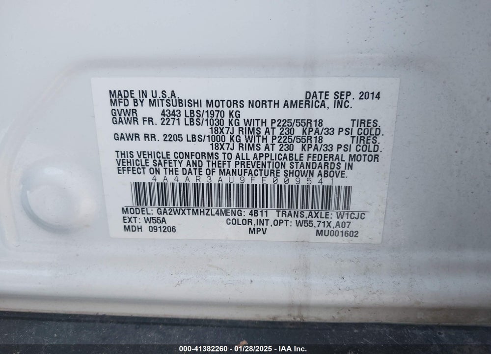 2015 MITSUBISHI OUTLANDER SPORT ES VIN: 4A4AR3AU9FE009541