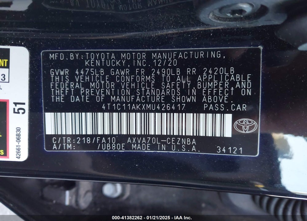 2021 TOYOTA CAMRY VIN: 4T1C11AKXMU426417