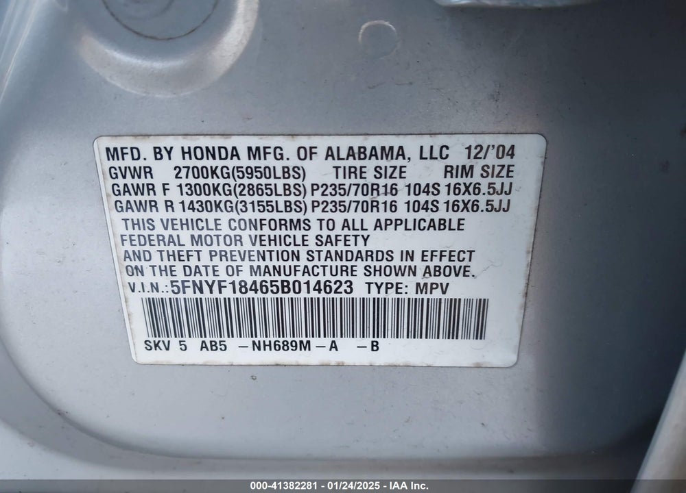 2005 HONDA PILOT EX VIN: 5FNYF18465B014623