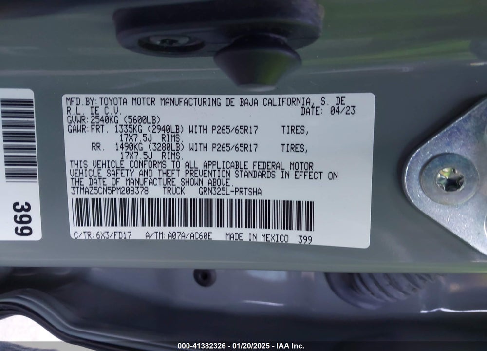 2023 TOYOTA TACOMA VIN: 3TMAZ5CN5PM208378
