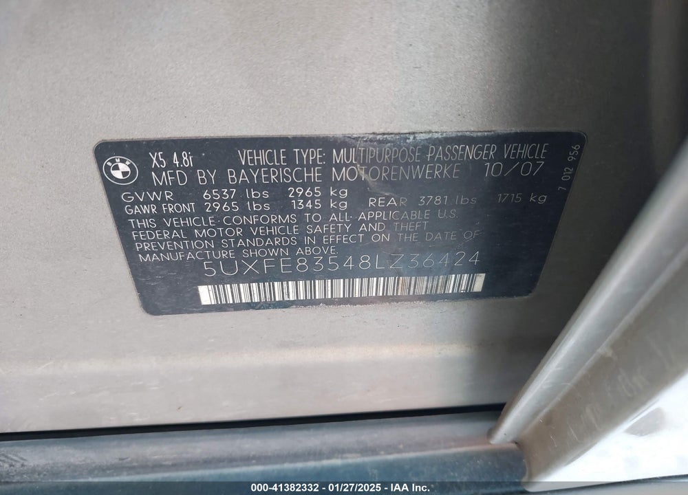 2008 BMW X5 4.8I VIN: 5UXFE83548LZ36424