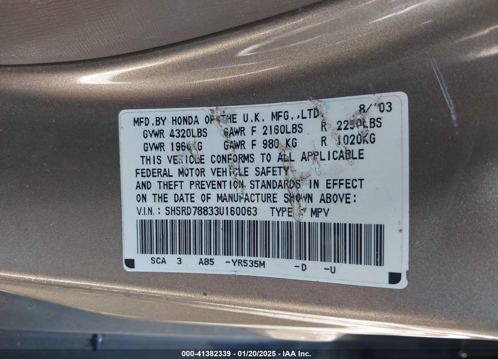 2003 HONDA CR-V EX VIN: SHSRD78833U160063
