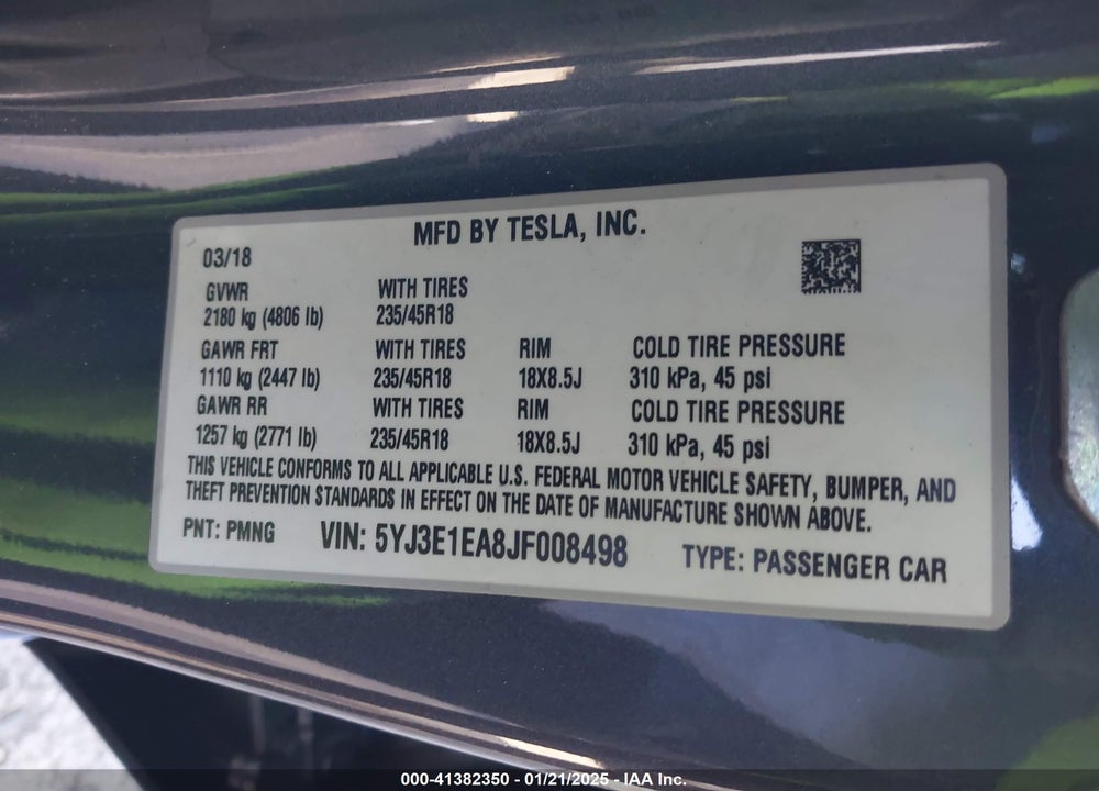 2018 TESLA MODEL 3 VIN: 5YJ3E1EA8JF008498