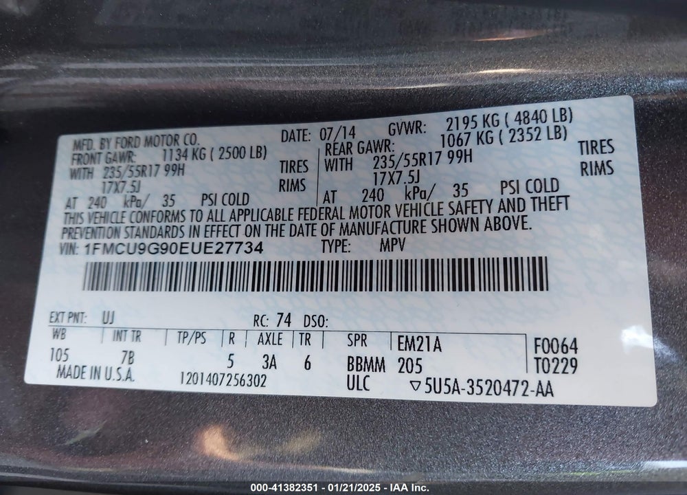 2014 FORD ESCAPE SE VIN: 1FMCU9G90EUE27734
