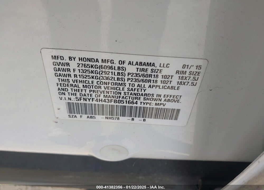 2015 HONDA PILOT EX VIN: 5FNYF4H43FB051664