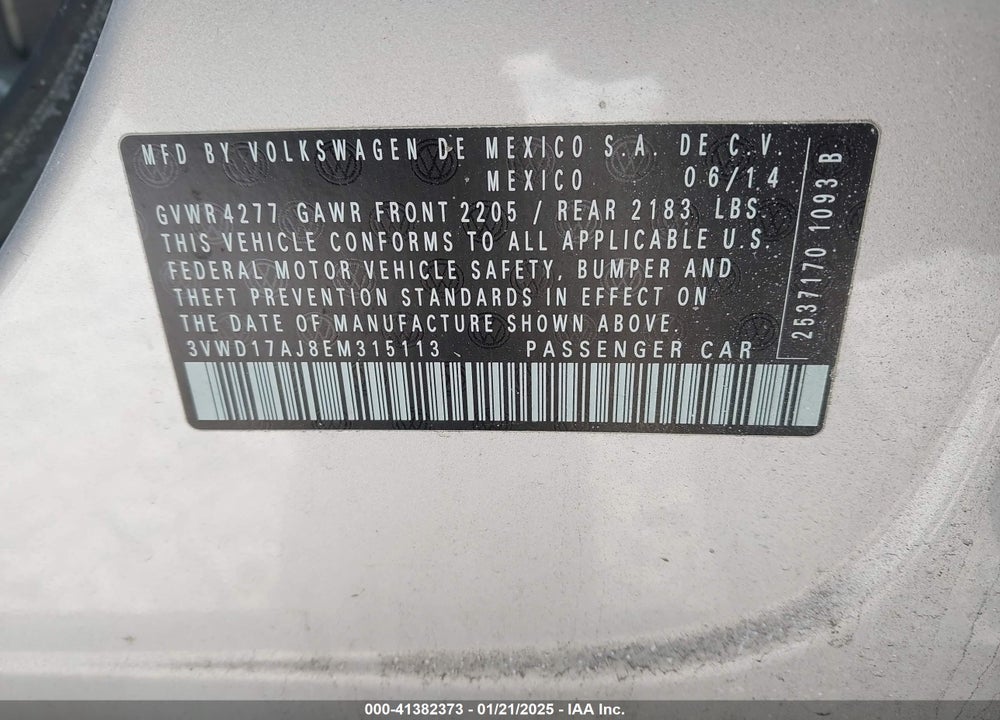 2014 VOLKSWAGON JETTA VIN: 3VWD17AJ8EM315113