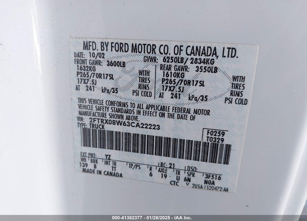 2003 FORD F-150 LARIAT/XL/XLT VIN: 2FTRX08W63CA22223