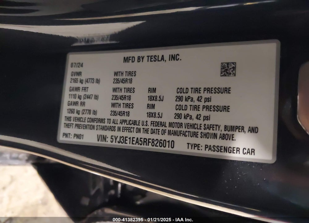 2024 TESLA MODEL 3 LONG RANGE DUAL MOTOR ALL-WHEEL DRIVE/REAR-WHEEL DRIVE VIN: 5YJ3E1EA5RF826010