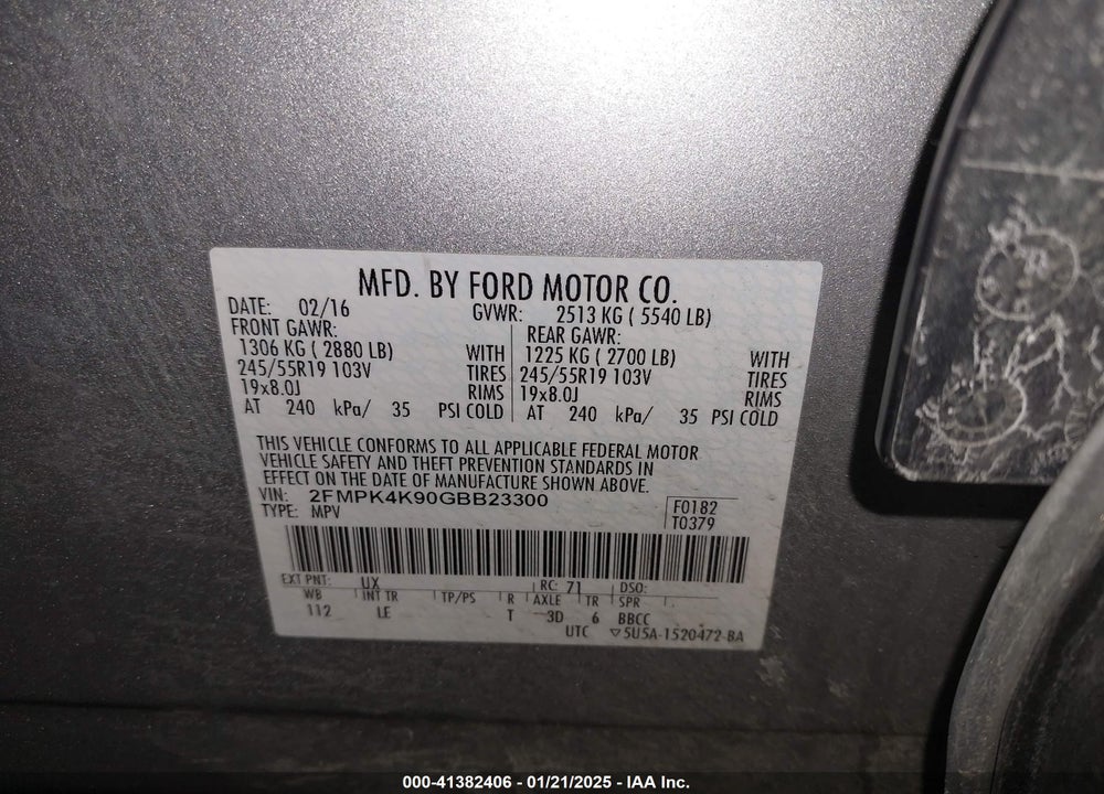 2016 FORD EDGE VIN: 2FMPK4K90GBB23300