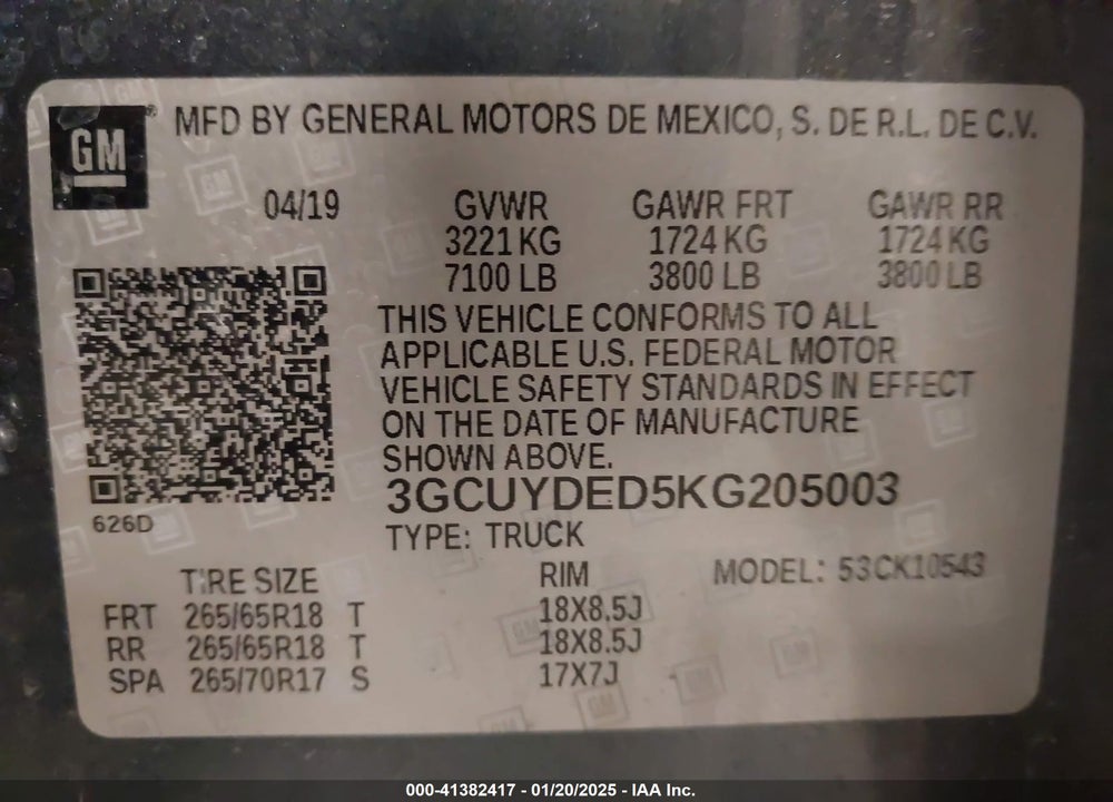 2019 CHEVROLET SILVERADO 1500 VIN: 3GCUYDED5KG205003