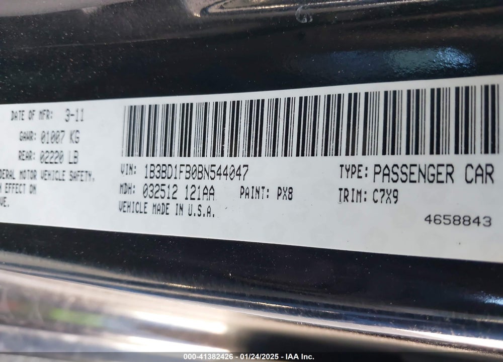 2011 DODGE AVENGER MAINSTREET VIN: 1B3BD1FB0BN544047