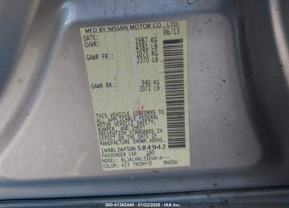 2013 NISSAN ALTIMA VIN: 1N4BL3AP5DN584942
