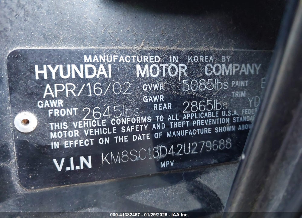 2002 HYUNDAI SANTA FE GLS/LX VIN: KM8SC13D42U279688