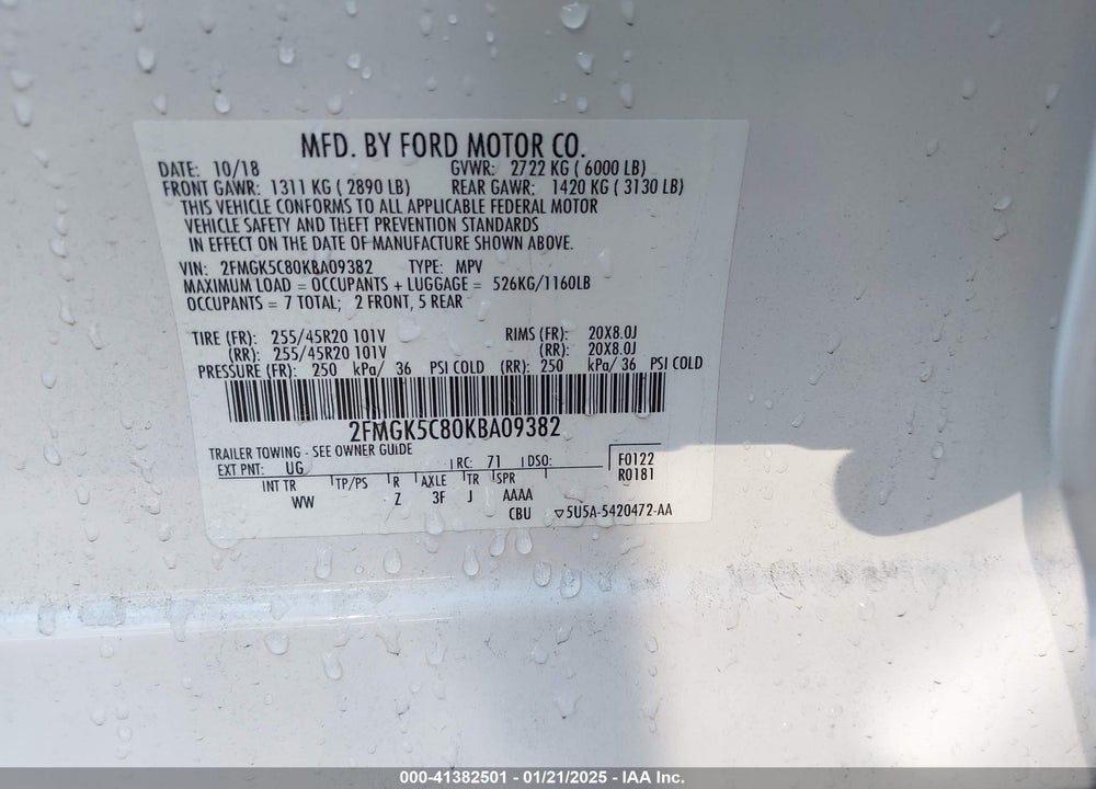 2019 FORD FLEX SEL VIN: 2FMGK5C80KBA09382