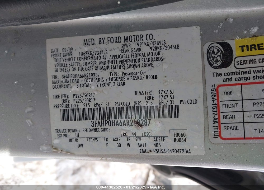 2010 FORD FUSION VIN: 3FAHP0HA6AR219287